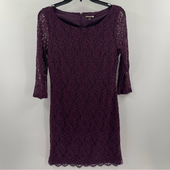 Dana Buchman Dresses & Skirts - Dana Buchman Wine Colored Lace Lined Long Sleeve Mini Zip Back Scoop Neck Dress